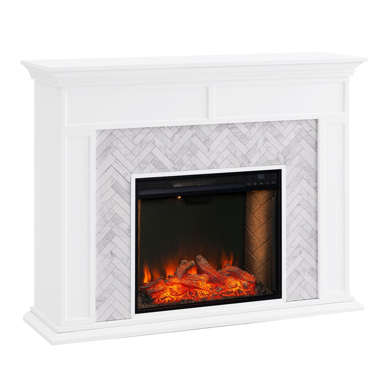Southern Enterprises 44" White and Gray Herringbone Electric Fireplace with Alexa Enabled Smart Firebox